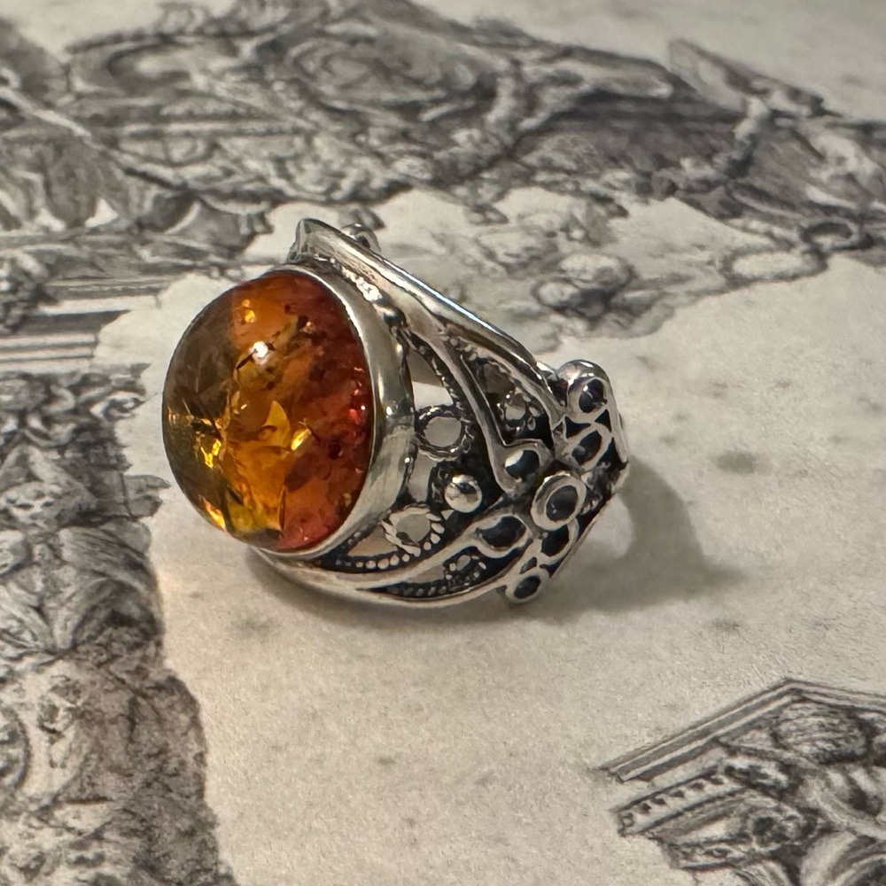 Sterling Silver Amber Ring, Size 5